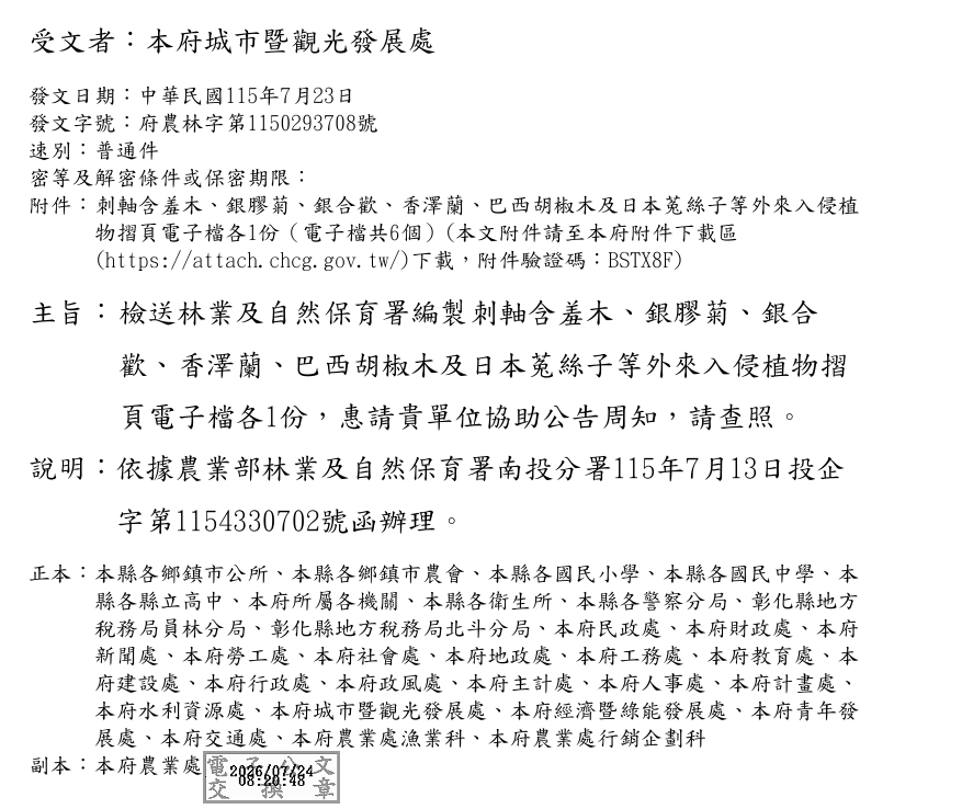 自然保育署編製刺軸含羞木、銀膠菊、銀合 歡、香澤蘭、巴西胡椒木及日本菟絲子等外來入侵植物防治/防除宣導
